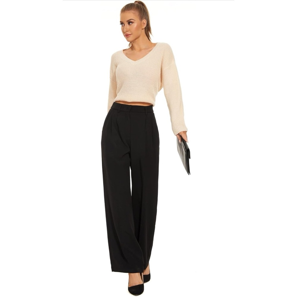 Funyyzo Pleated Black Wide-Leg High Rise  Women's Pants Trousers XS